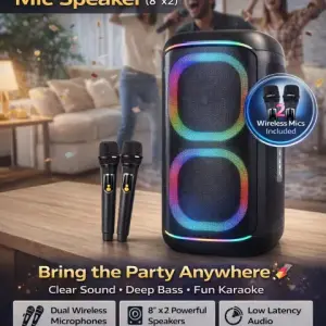 BTS-2256 8 Inch Bluetooth Karaoke Speaker with 2 Wireless Microphones – KTV Mode Party Speaker – Best Price in Pakistan
