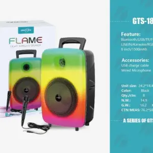 GTS-1802 8 Inch Bluetooth Flame Speaker with RGB Flame Light – Supports Karaoke Mic & FM Radio – Best Price in Pakistan