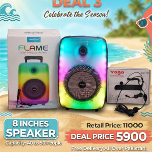 GTS-1802 Flame 8 Inch Wireless Bluetooth Speaker with LED Lights + Yoga Headset Microphone Combo for Events, Ramzan, Mehfil (40–50 People)