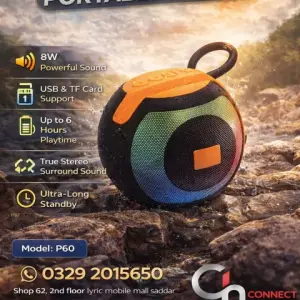 JK-P60 Portable Hi-Fi Bluetooth Speaker - Dynamic RGB LED Rhythm Lights - Powerful Bass & Crystal Clear Sound - Bluetooth 5.3 - Supports USB, TF Card & FM Radio - TWS Pairing Support