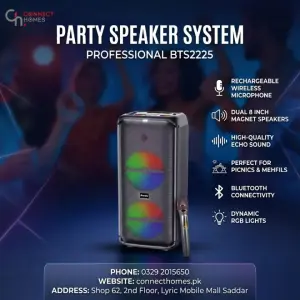 BTS-2225 Bluetooth Party Speaker Dual 8 Inch 100W with Wireless Mic RGB LED | Portable Karaoke Speaker Big Bass USB AUX RGB LED speaker outdoor sound system