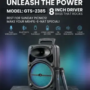 Greatnice GTS-2385 Portable Bluetooth Party Speaker - Powerful Bass & Loud Sound - Includes DUAL Wireless Microphones