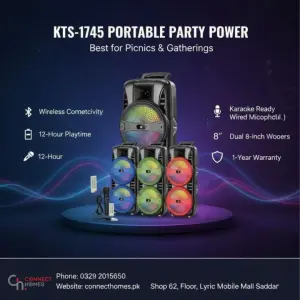 KTS-1745 Dual 8-Inch Portable Wireless Bluetooth Speaker - High Power Party Sound - RGB Flame Light Effects - Includes Wired Microphone & Remote