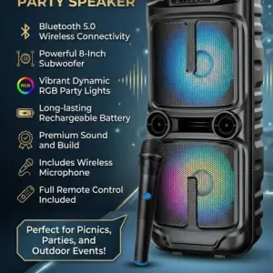 Greatnice GTS-2021 Portable Wireless Bluetooth Speaker - 8-Inch Powerful Subwoofer - Includes Wireless Microphone - RGB LED Party Lights - Supports FM Radio, USB, TF Card & TWS Pairing