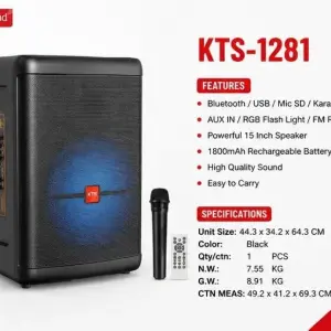 KTS-1281 15 Inch Portable Bluetooth Speaker with Wireless Microphone, Karaoke, RGB Flash Light, FM Radio, USB/SD & Remote Control